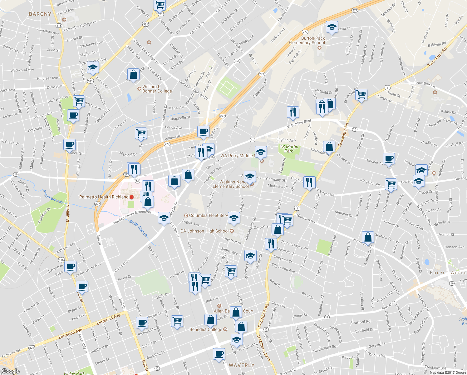 map of restaurants, bars, coffee shops, grocery stores, and more near 3003 Jaydeen Court in Columbia
