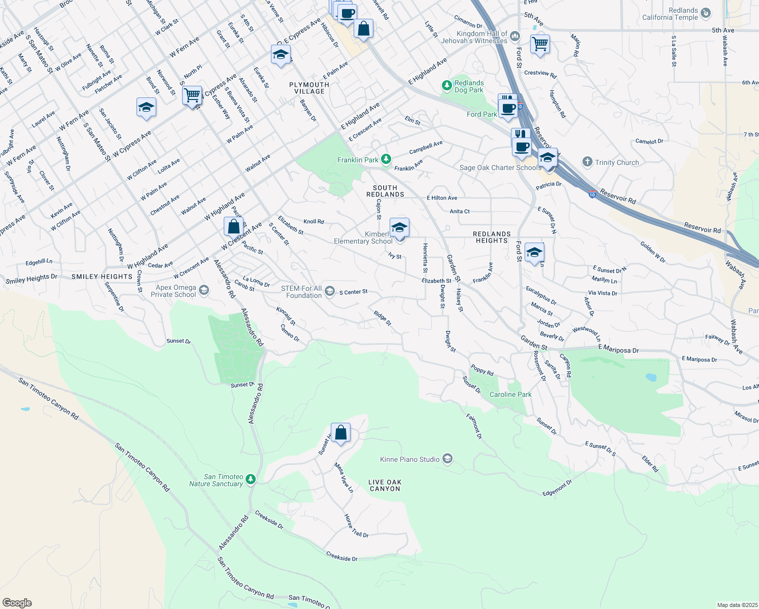 map of restaurants, bars, coffee shops, grocery stores, and more near 1501 Ridge Street in Redlands