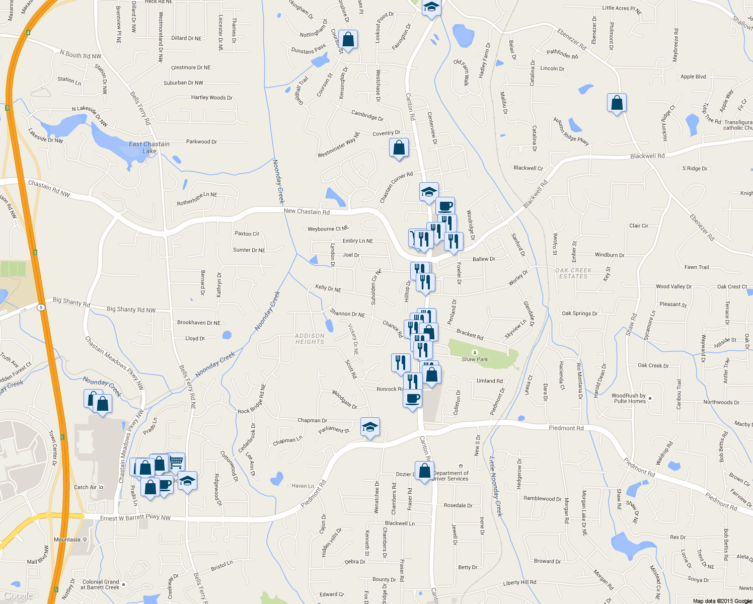 map of restaurants, bars, coffee shops, grocery stores, and more near 640 Suholden Circle Northeast in Marietta