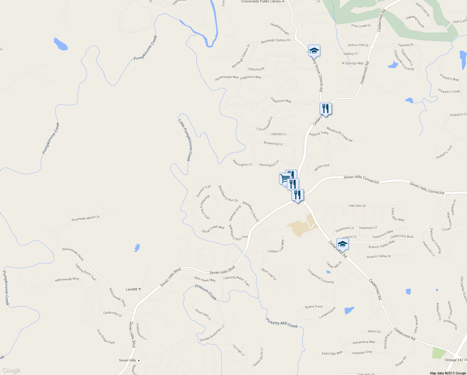 map of restaurants, bars, coffee shops, grocery stores, and more near 88 Meadowlark Court in Dallas