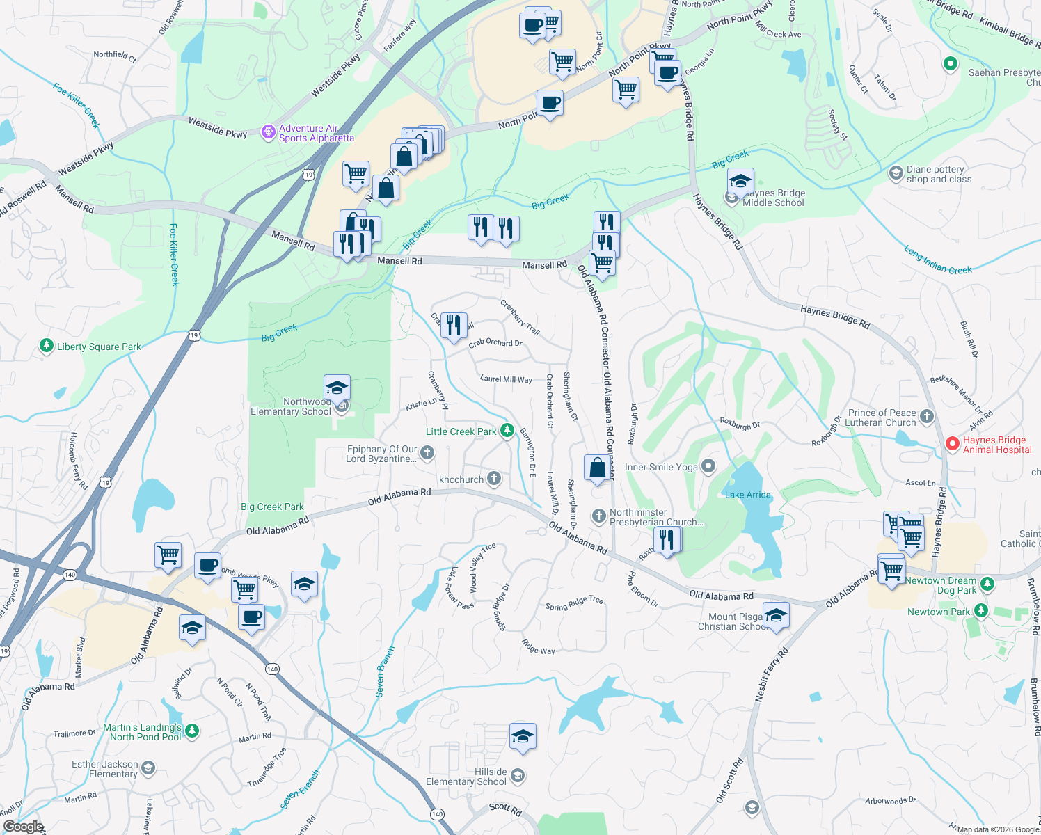 map of restaurants, bars, coffee shops, grocery stores, and more near 285 Barrington Dr E in Roswell