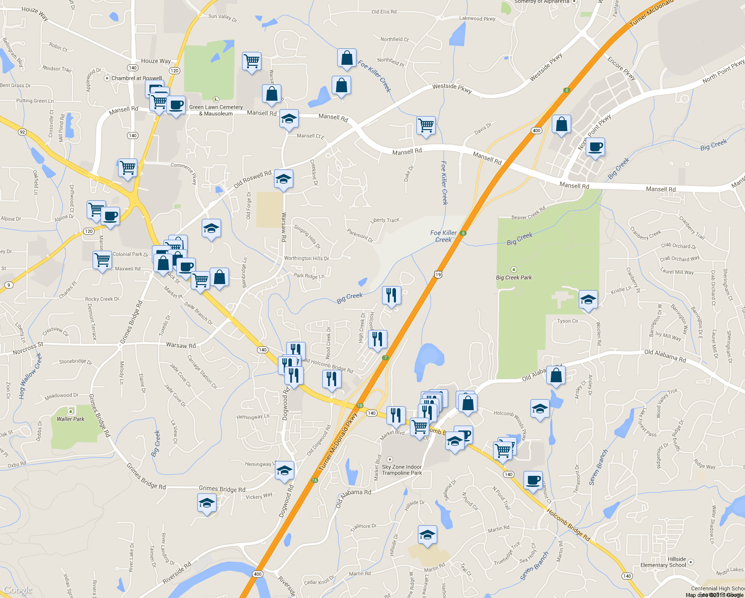 map of restaurants, bars, coffee shops, grocery stores, and more near 151 Holcomb Ferry Road in Roswell