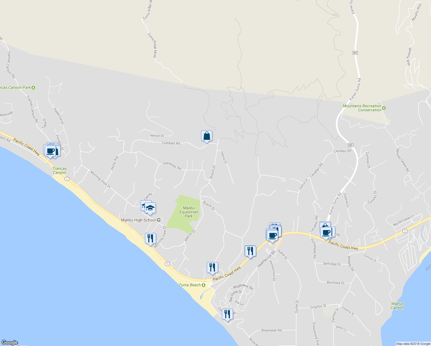 map of restaurants, bars, coffee shops, grocery stores, and more near 5738 Busch Drive in Malibu