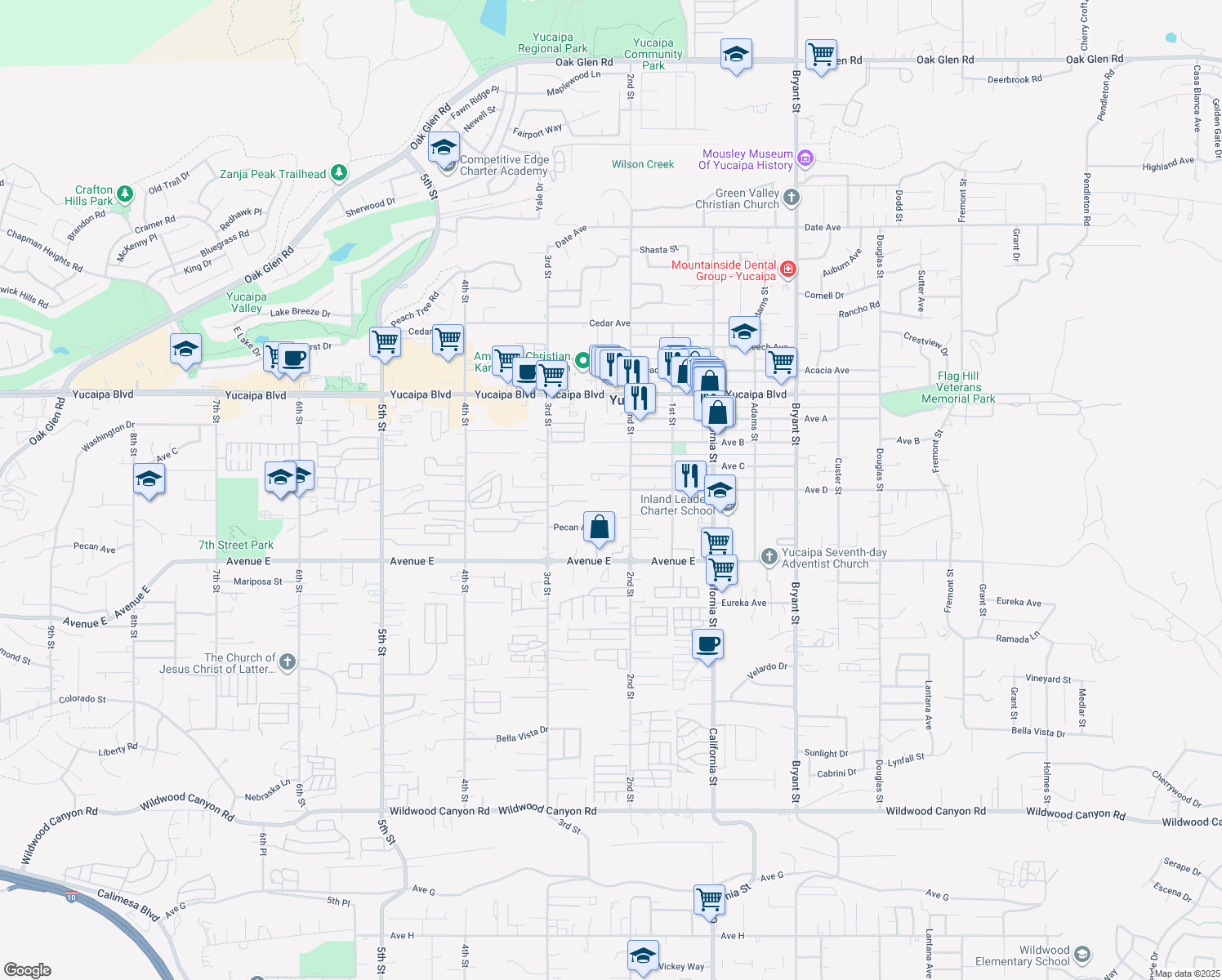 map of restaurants, bars, coffee shops, grocery stores, and more near 34850 Ave D in Yucaipa