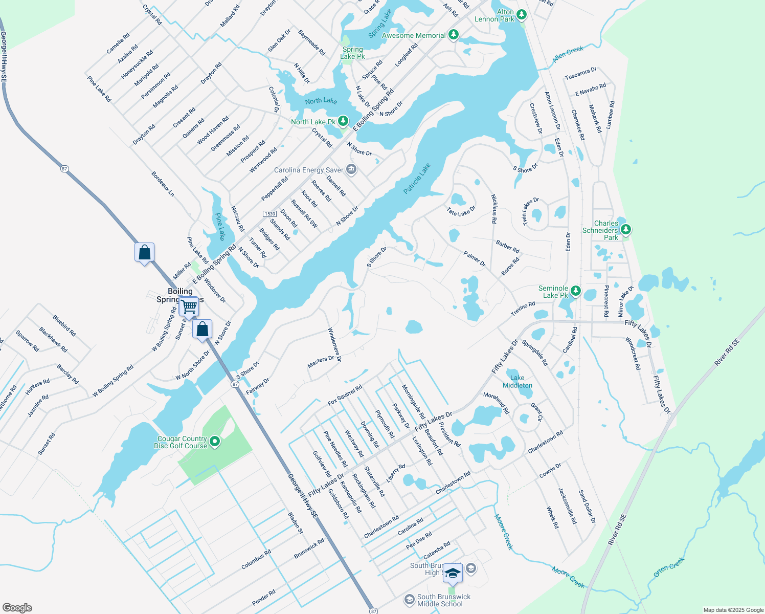 map of restaurants, bars, coffee shops, grocery stores, and more near 498 Masters Dr in Southport
