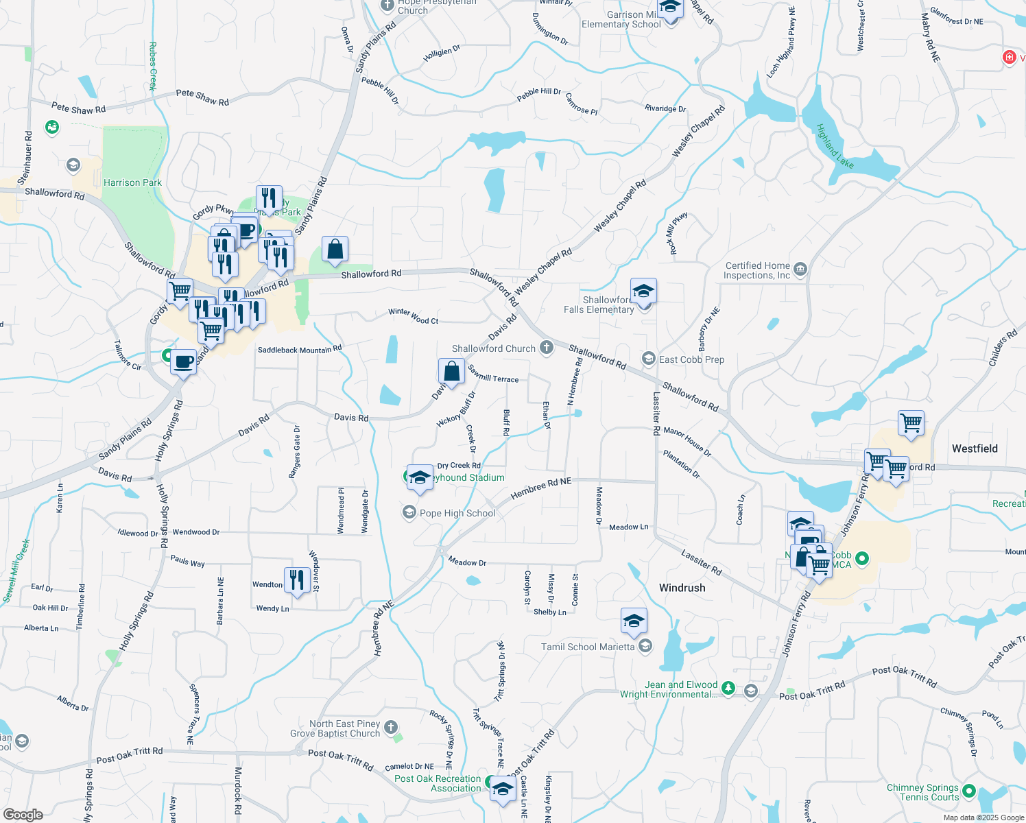 map of restaurants, bars, coffee shops, grocery stores, and more near 3262 Bluff Road in Marietta