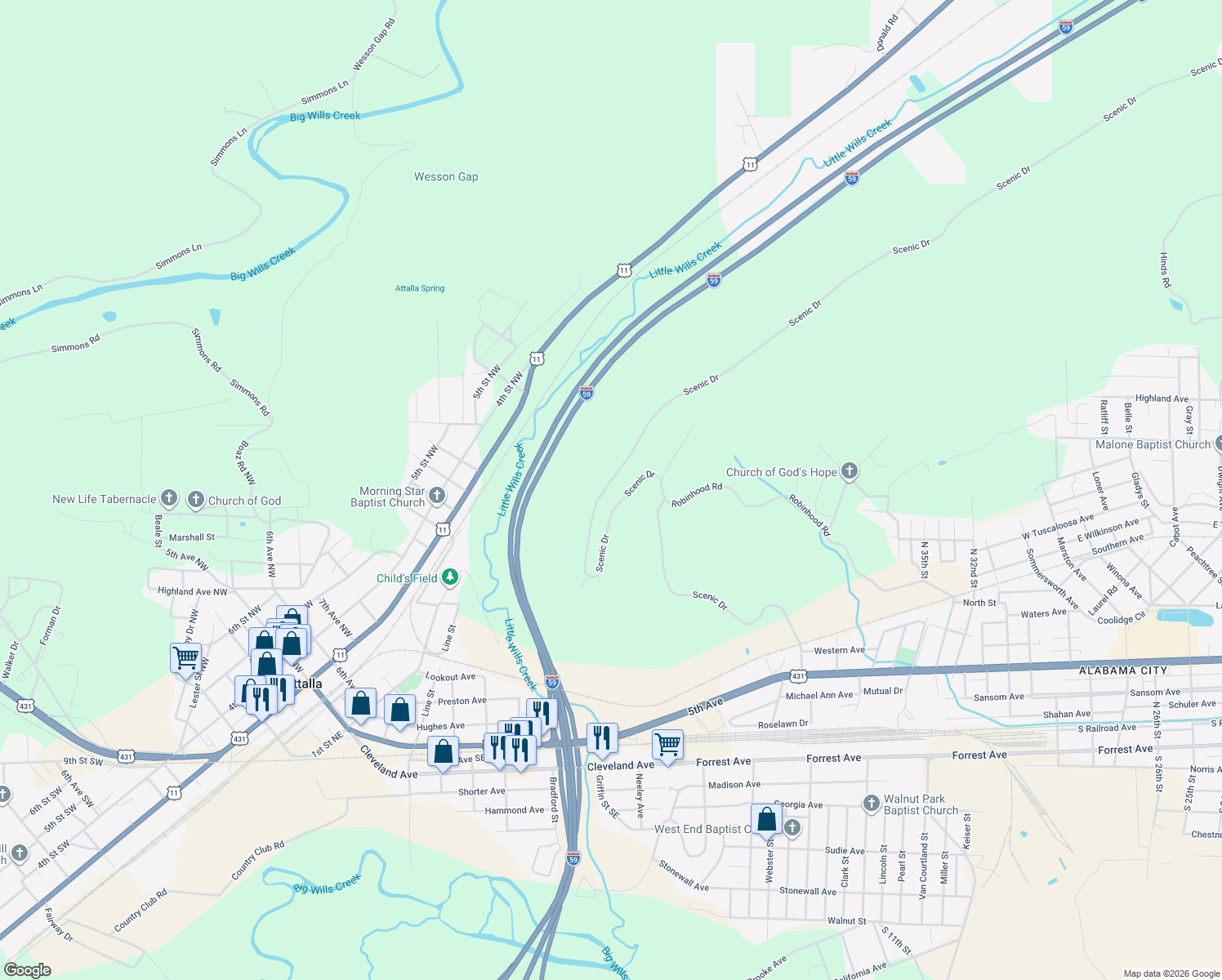 map of restaurants, bars, coffee shops, grocery stores, and more near 1048 Scenic Drive in Gadsden