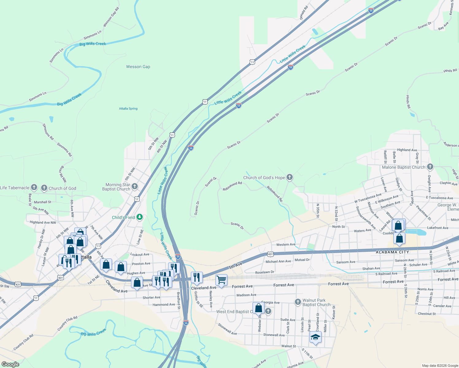map of restaurants, bars, coffee shops, grocery stores, and more near 1207 Robinhood Road in Gadsden