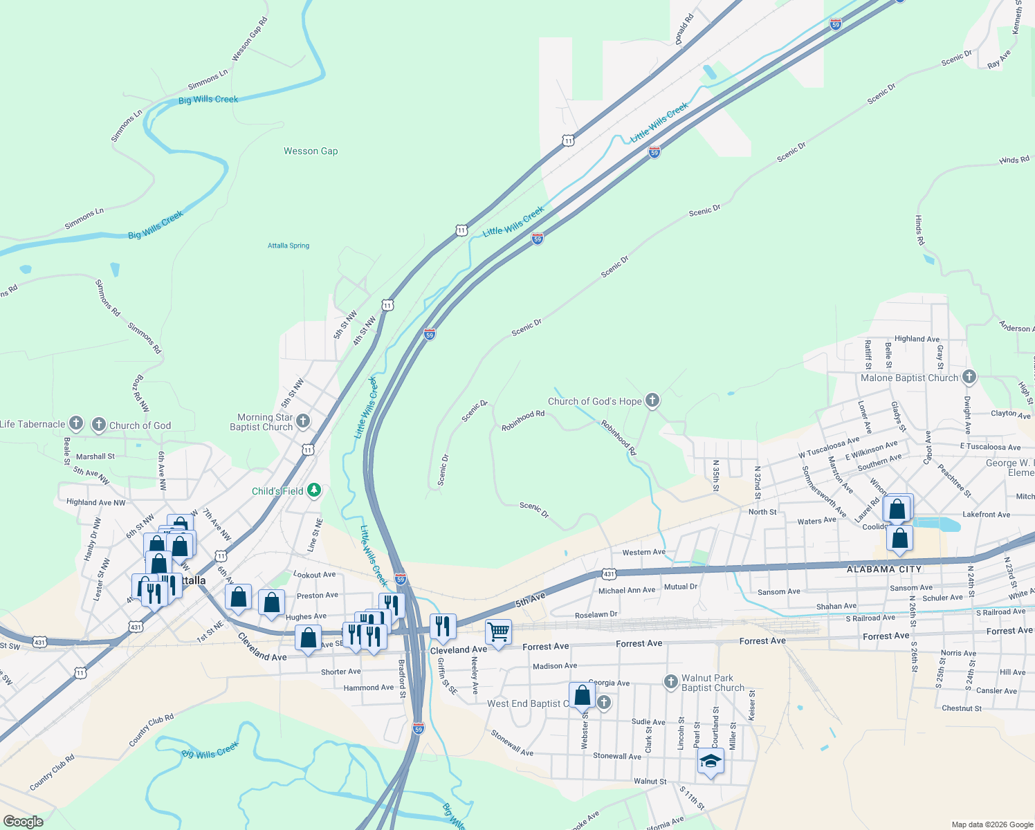 map of restaurants, bars, coffee shops, grocery stores, and more near 1207 Robinhood Road in Gadsden