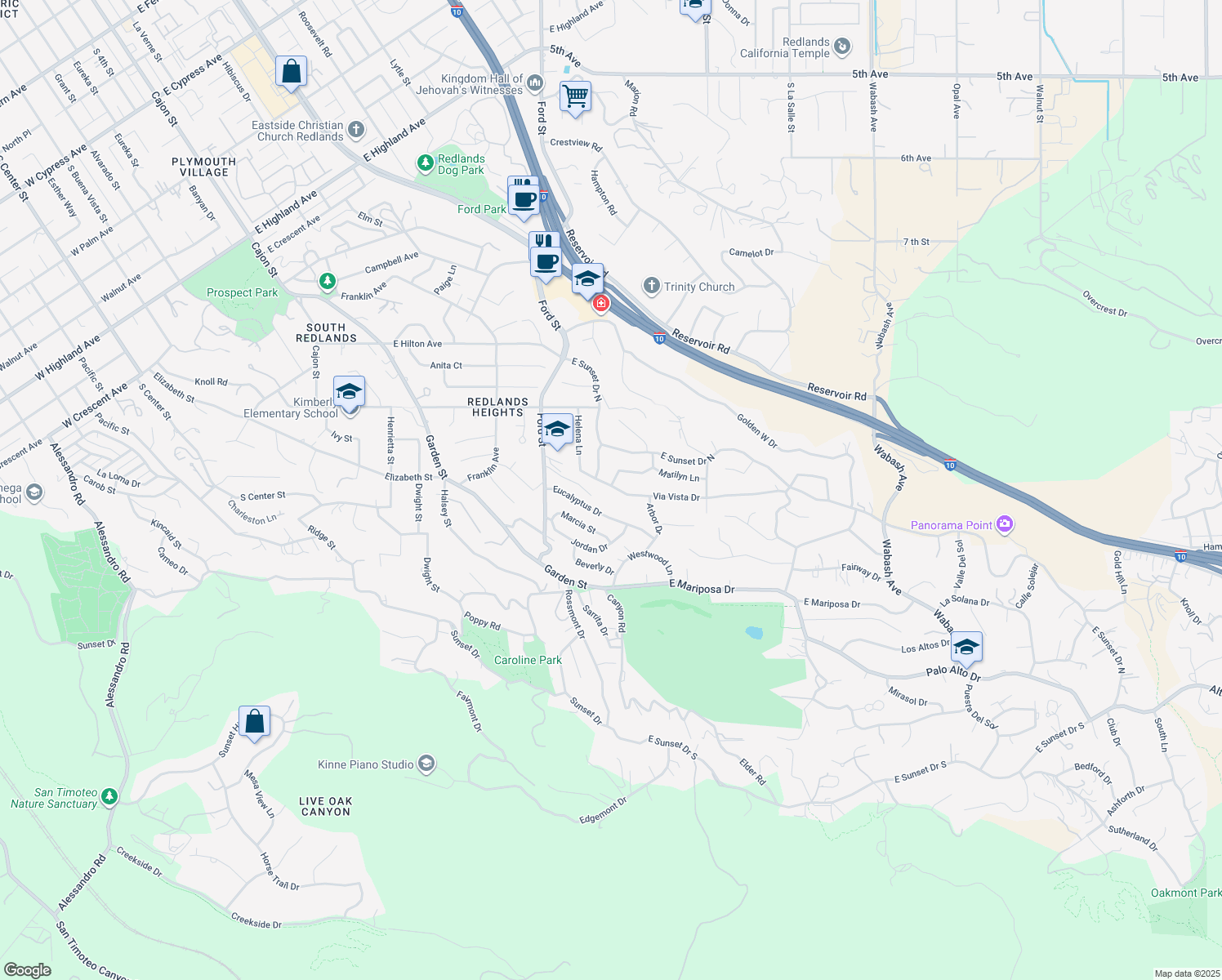 map of restaurants, bars, coffee shops, grocery stores, and more near 414 Via Vista Drive in Redlands