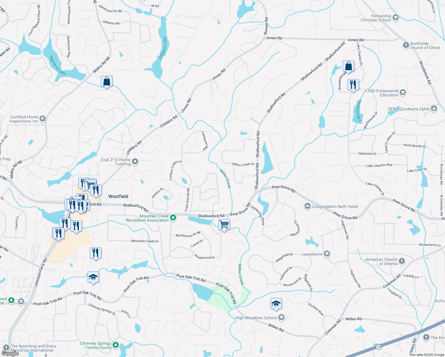 map of restaurants, bars, coffee shops, grocery stores, and more near 1534 Tennessee Walker Dr NE in Roswell