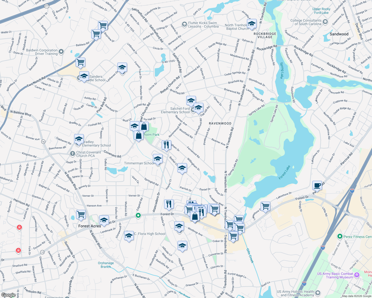 map of restaurants, bars, coffee shops, grocery stores, and more near 4715 Fernwood Road in Columbia