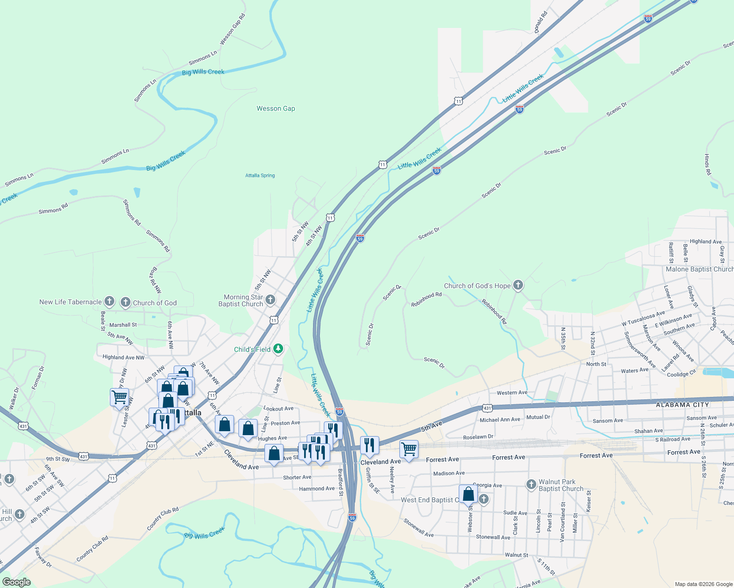 map of restaurants, bars, coffee shops, grocery stores, and more near 1048 Scenic Drive in Gadsden
