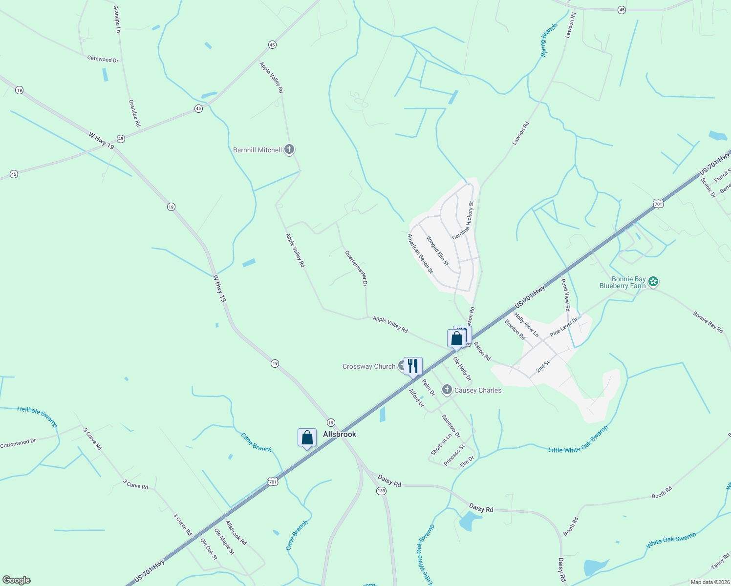 map of restaurants, bars, coffee shops, grocery stores, and more near 515 Quartermaster Drive in Loris