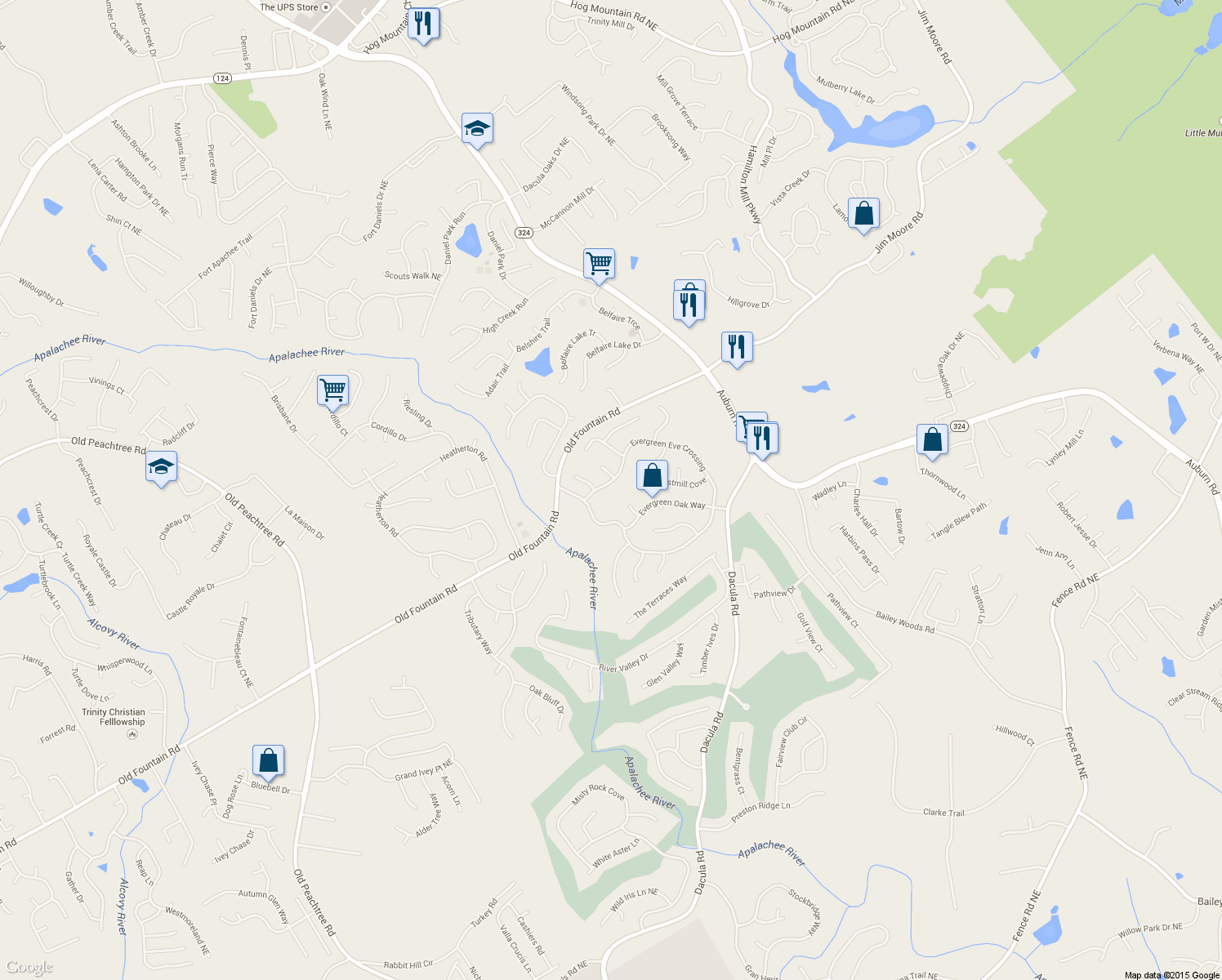 map of restaurants, bars, coffee shops, grocery stores, and more near 3220 Evergreen Eve Crossing in Dacula