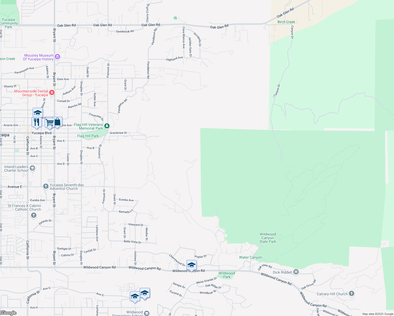 map of restaurants, bars, coffee shops, grocery stores, and more near Avenue E in Yucaipa