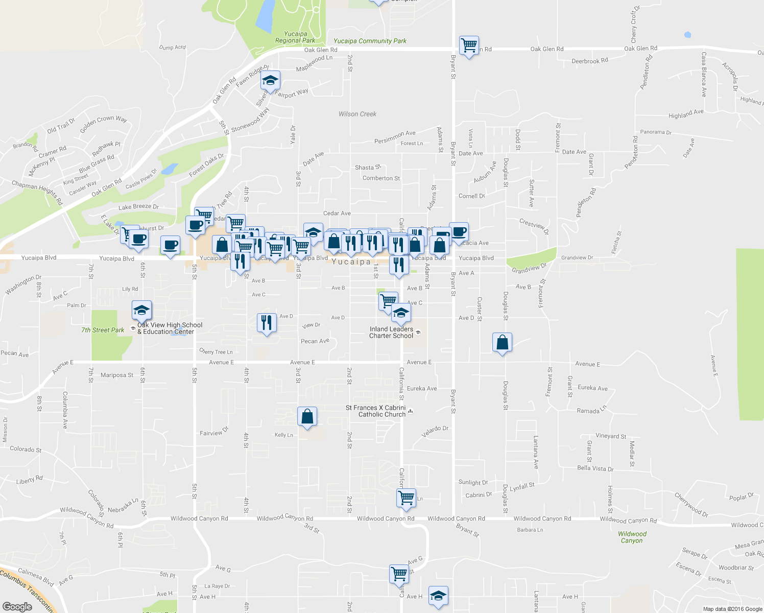 map of restaurants, bars, coffee shops, grocery stores, and more near 35019-35039 Avenue C in Yucaipa