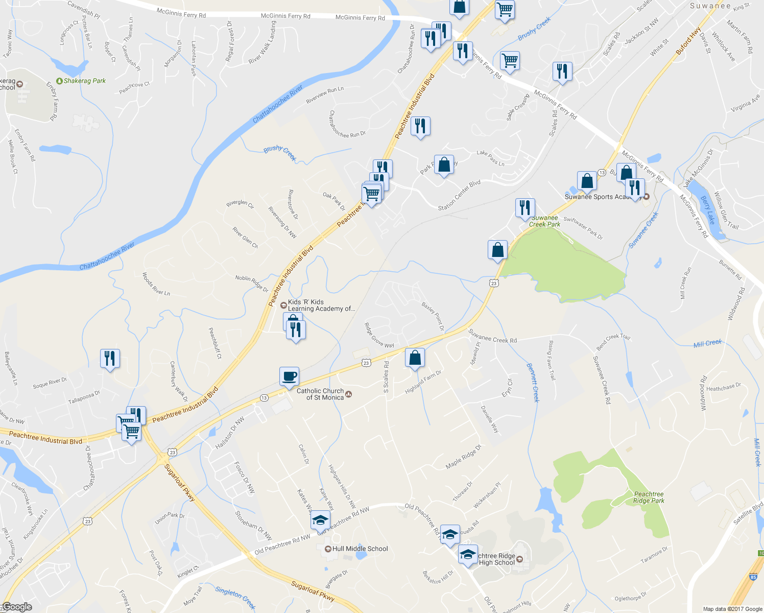 map of restaurants, bars, coffee shops, grocery stores, and more near 1576 Baxley Pine Trace in Suwanee