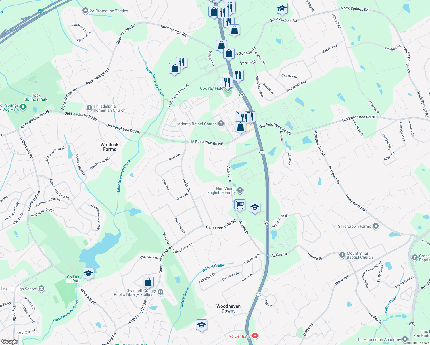 map of restaurants, bars, coffee shops, grocery stores, and more near 2300 Friars Gate Dr NE in Lawrenceville