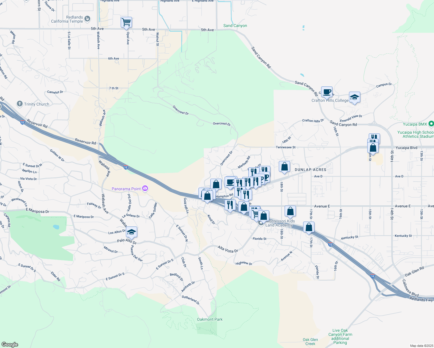 map of restaurants, bars, coffee shops, grocery stores, and more near 12270 Overcrest Drive in Yucaipa