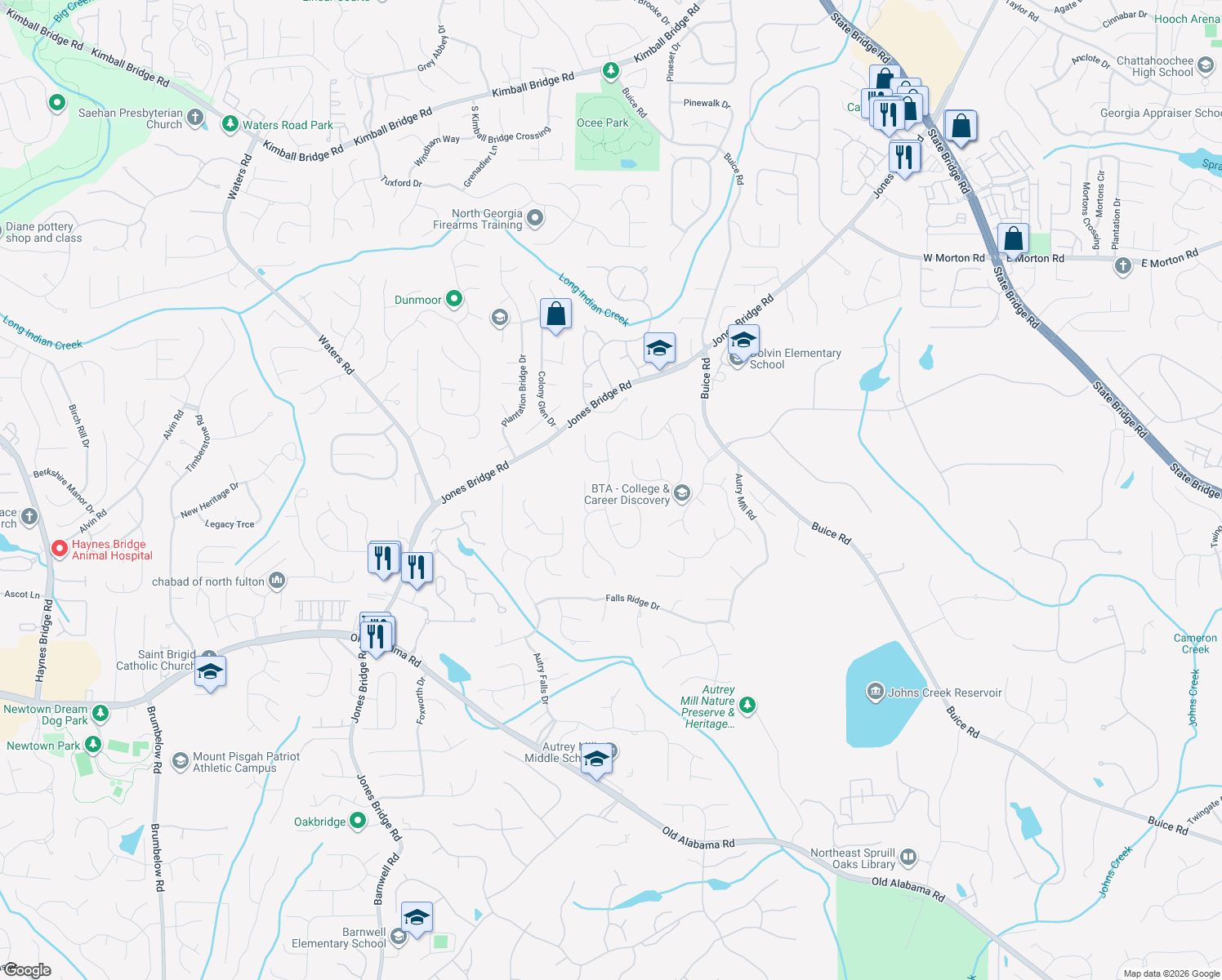 map of restaurants, bars, coffee shops, grocery stores, and more near 10500 Oxford Mill Circle in Alpharetta