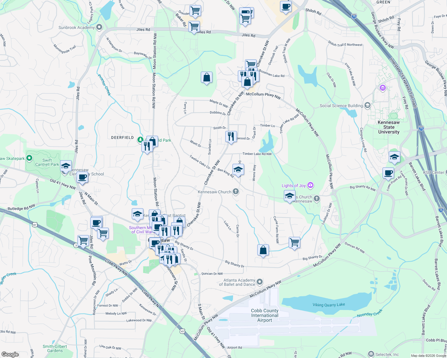 map of restaurants, bars, coffee shops, grocery stores, and more near 1660 Ben King Road in Kennesaw