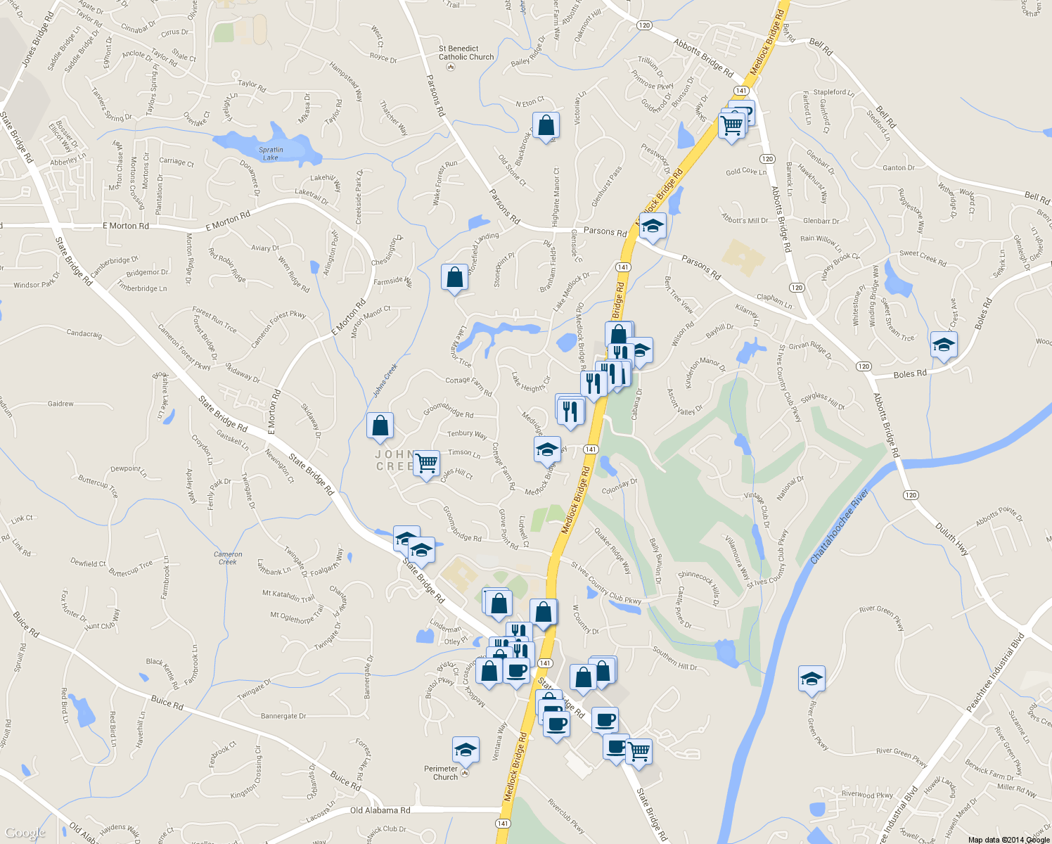 map of restaurants, bars, coffee shops, grocery stores, and more near 350 Medridge Drive in Alpharetta
