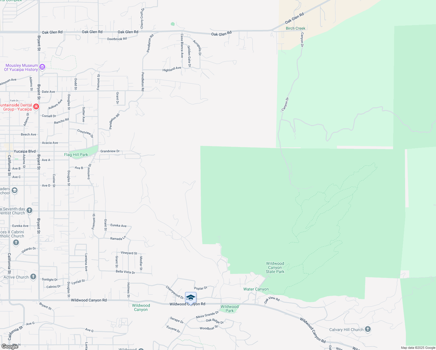map of restaurants, bars, coffee shops, grocery stores, and more near 1st Street in Yucaipa