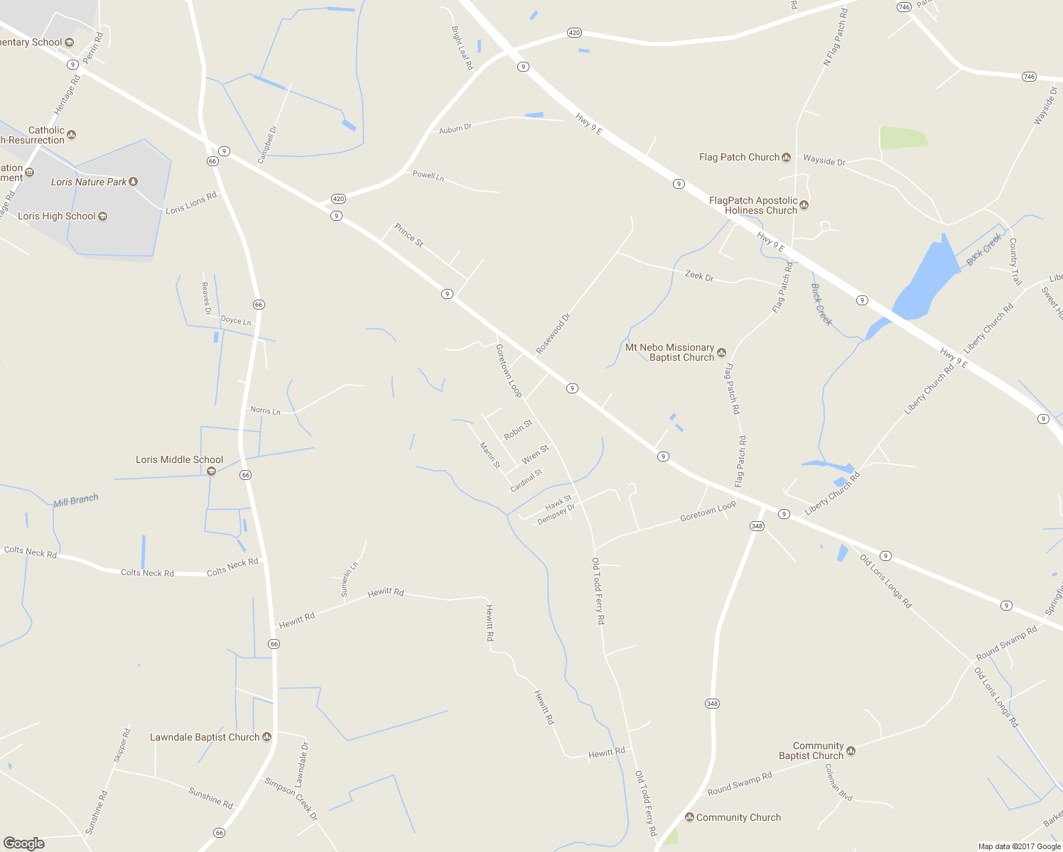 map of restaurants, bars, coffee shops, grocery stores, and more near 643 Goretown Loop in Loris