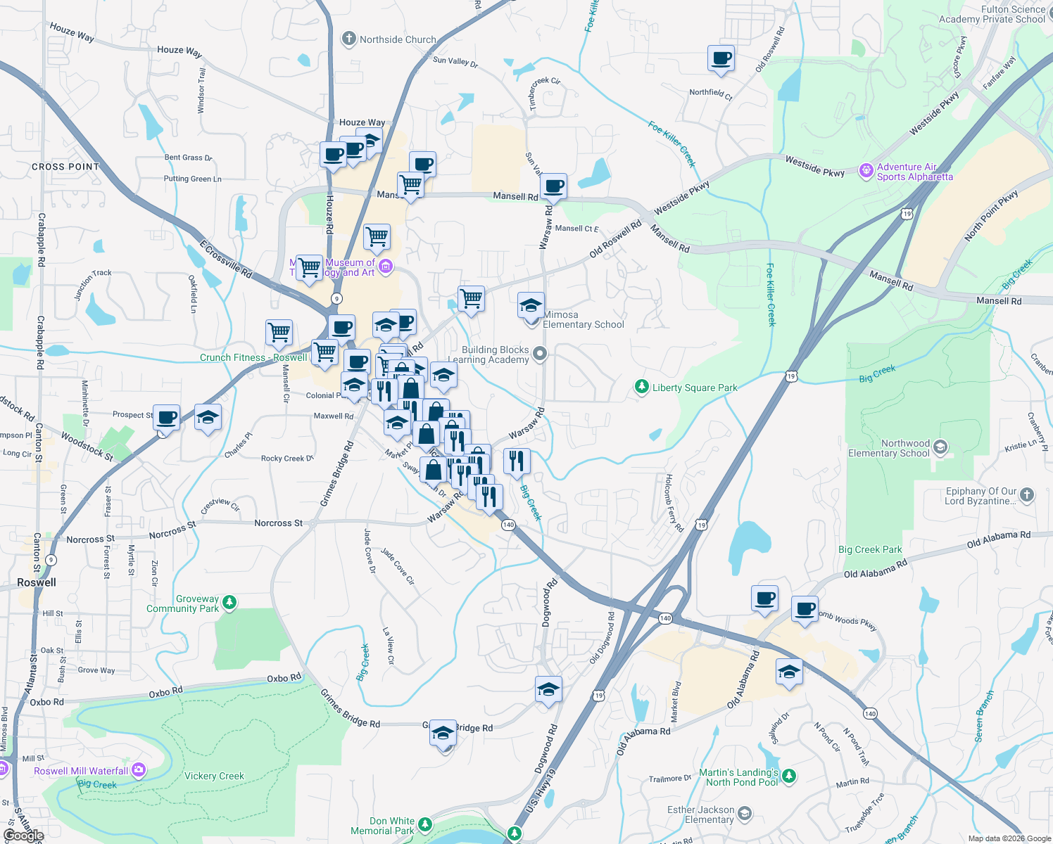 map of restaurants, bars, coffee shops, grocery stores, and more near 1260 Warsaw Rd in Roswell