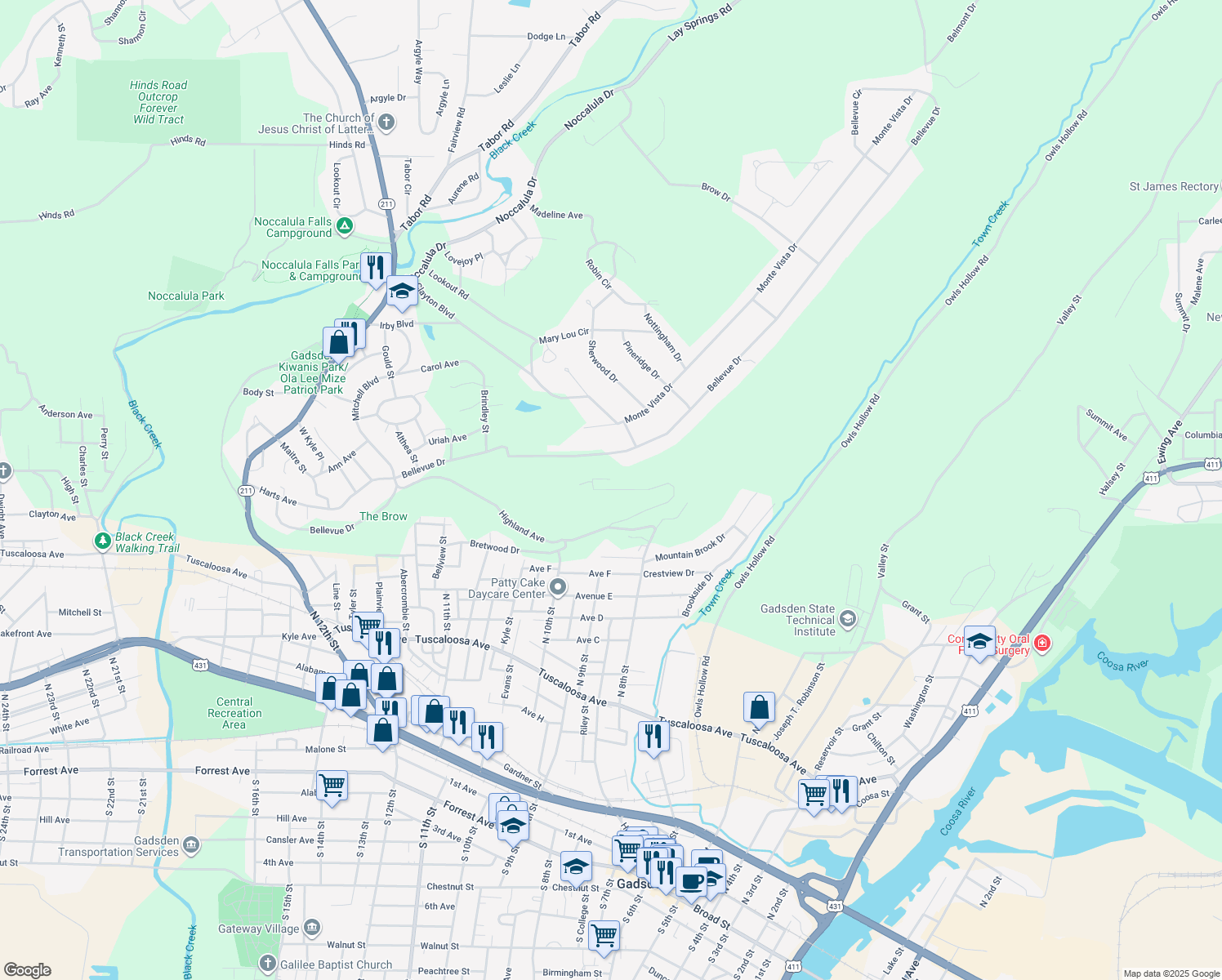 map of restaurants, bars, coffee shops, grocery stores, and more near 259 Overlook Drive in Gadsden