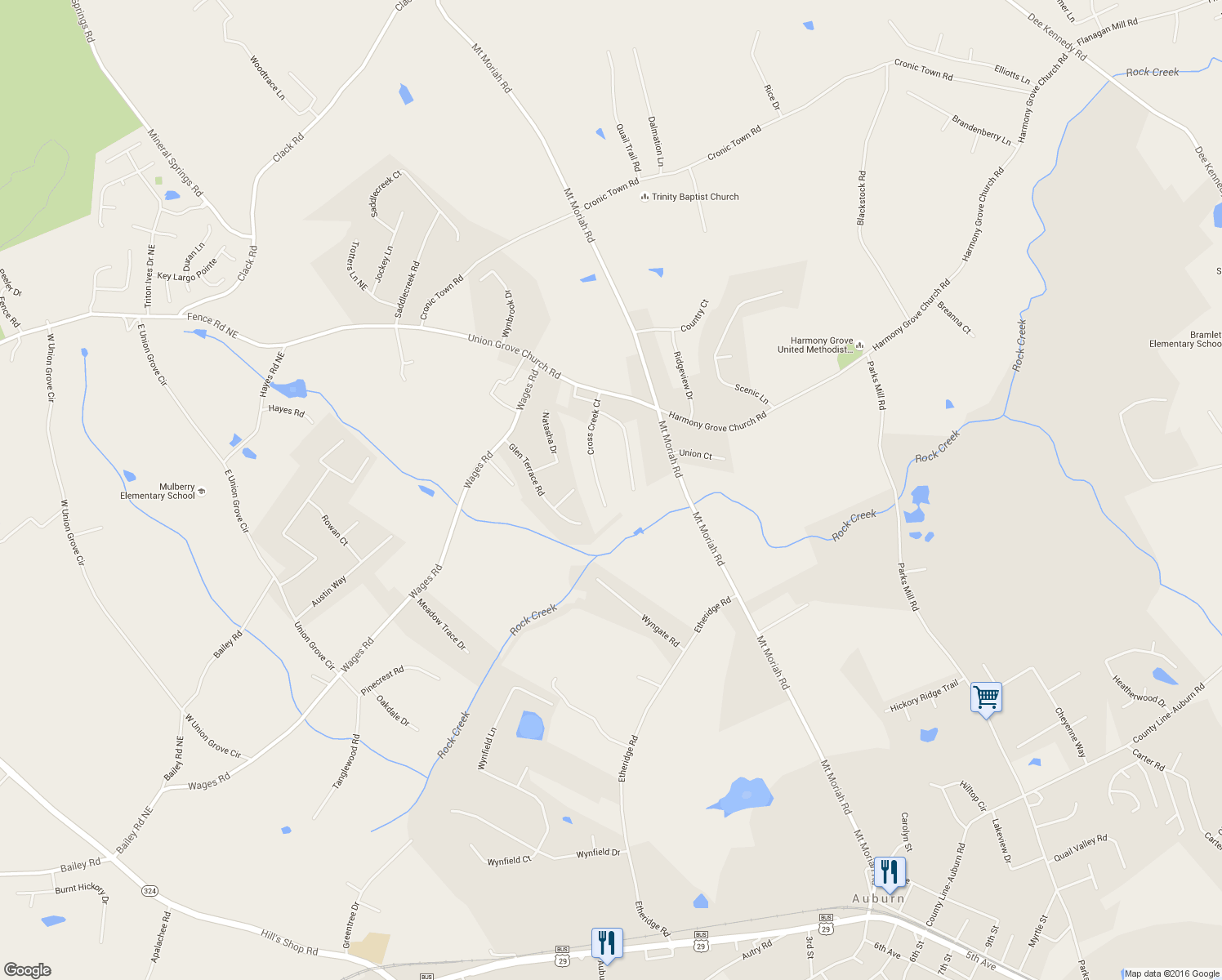 map of restaurants, bars, coffee shops, grocery stores, and more near 376 Cross Creek Court in Auburn