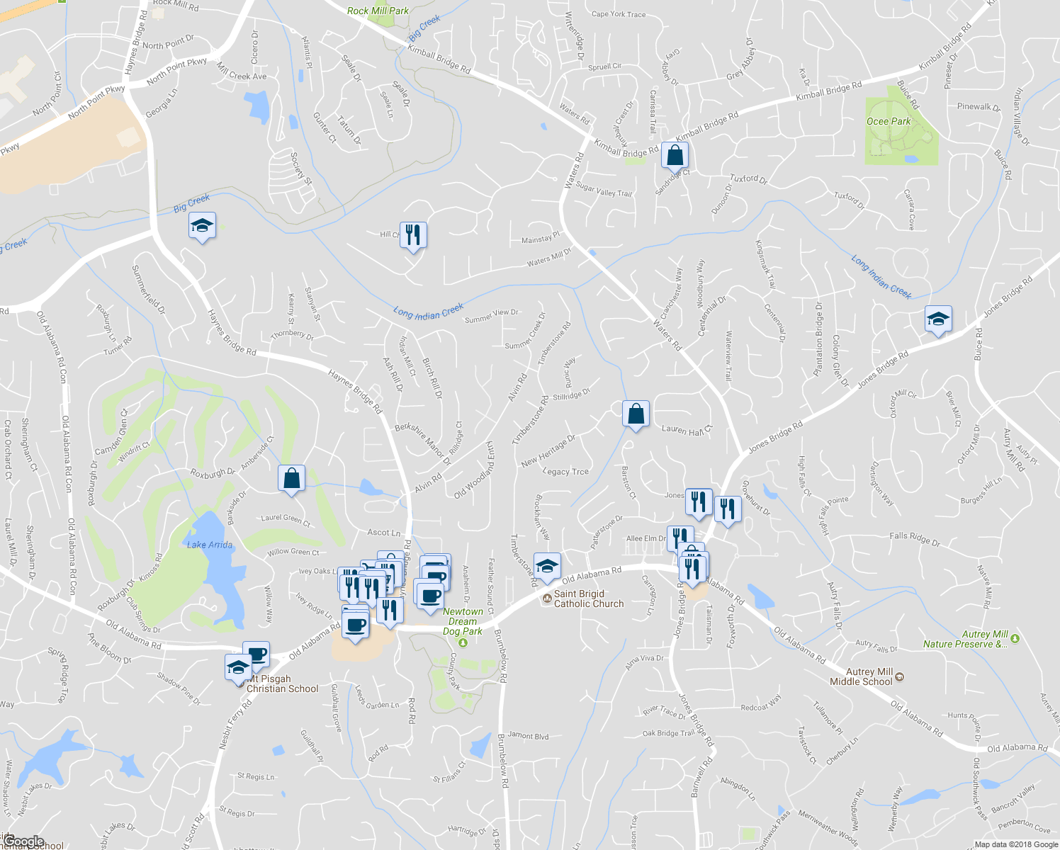 map of restaurants, bars, coffee shops, grocery stores, and more near Timberstone Road in Alpharetta