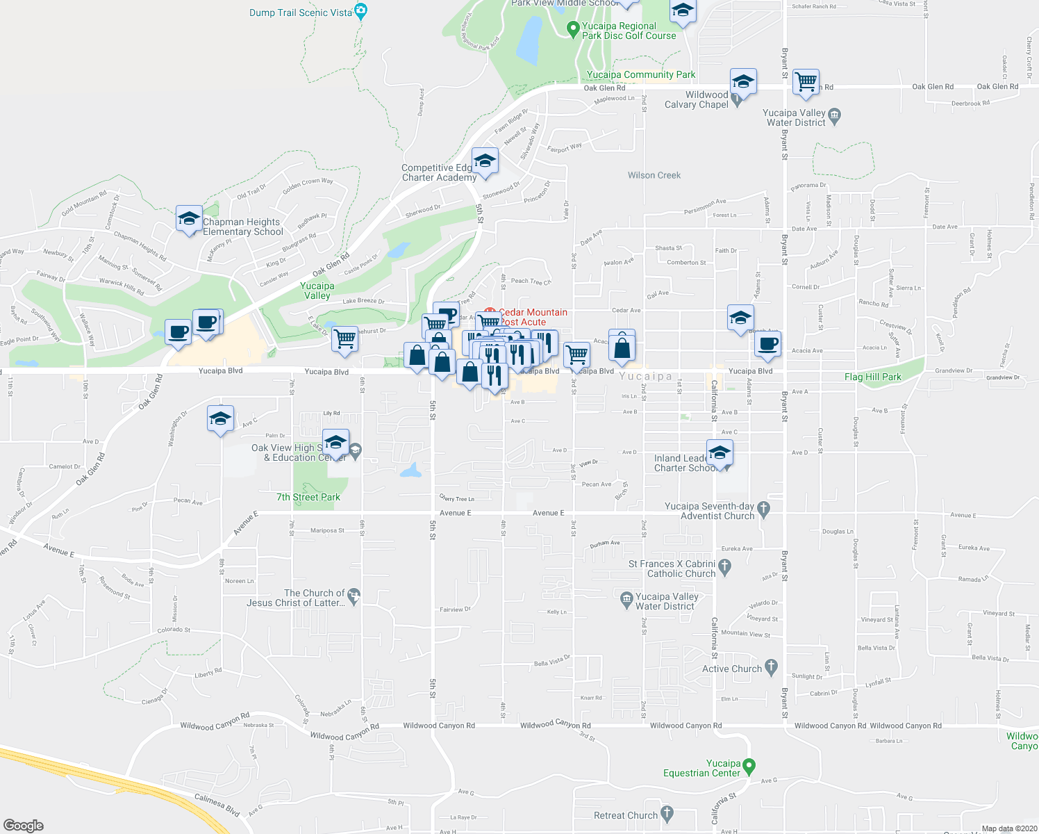 map of restaurants, bars, coffee shops, grocery stores, and more near 34546 Avenue C in Yucaipa