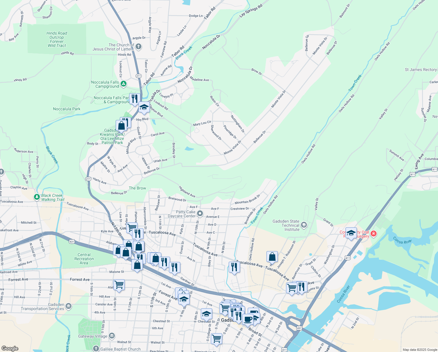 map of restaurants, bars, coffee shops, grocery stores, and more near 259 Overlook Drive in Gadsden