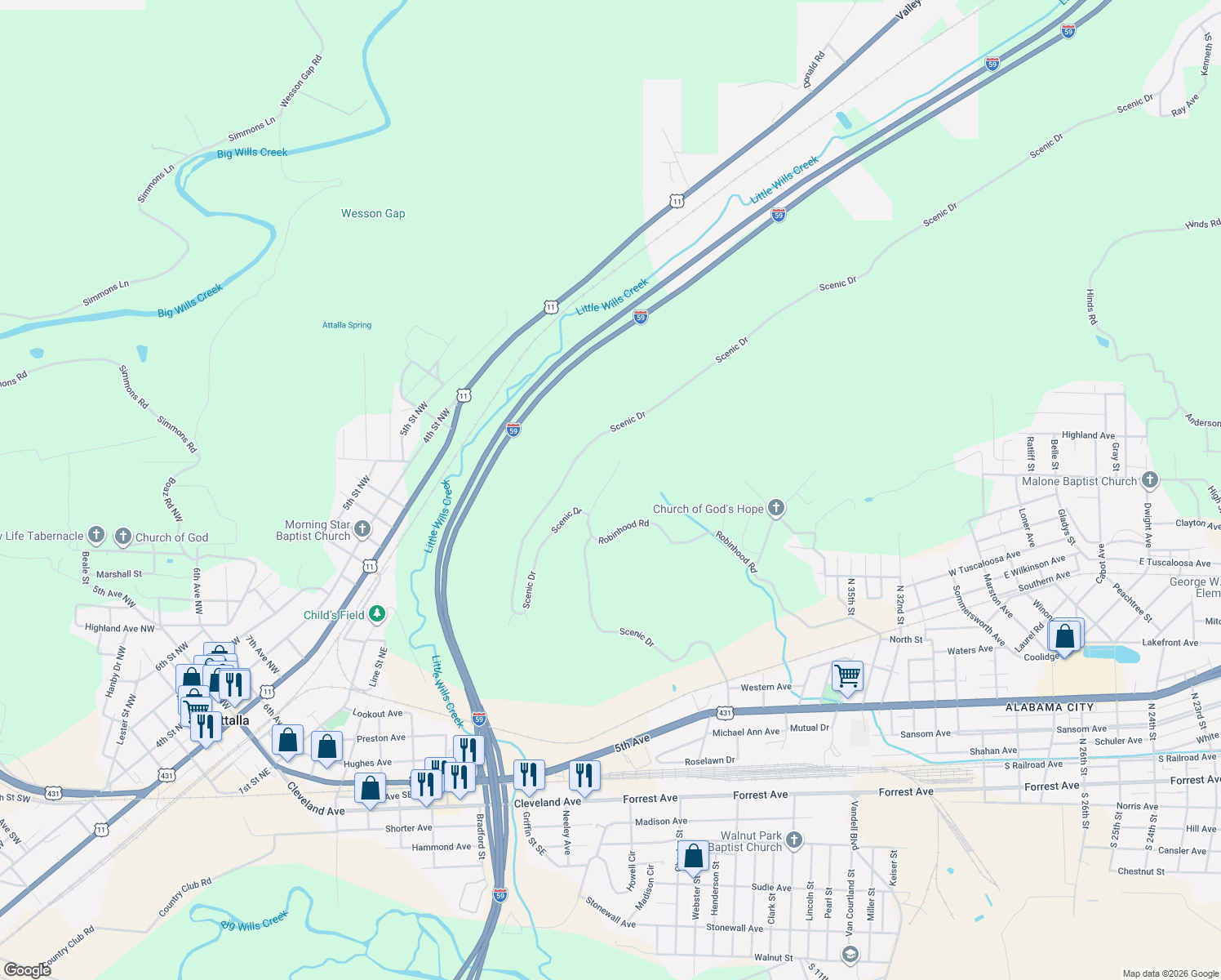 map of restaurants, bars, coffee shops, grocery stores, and more near 1221 Knight Drive in Gadsden