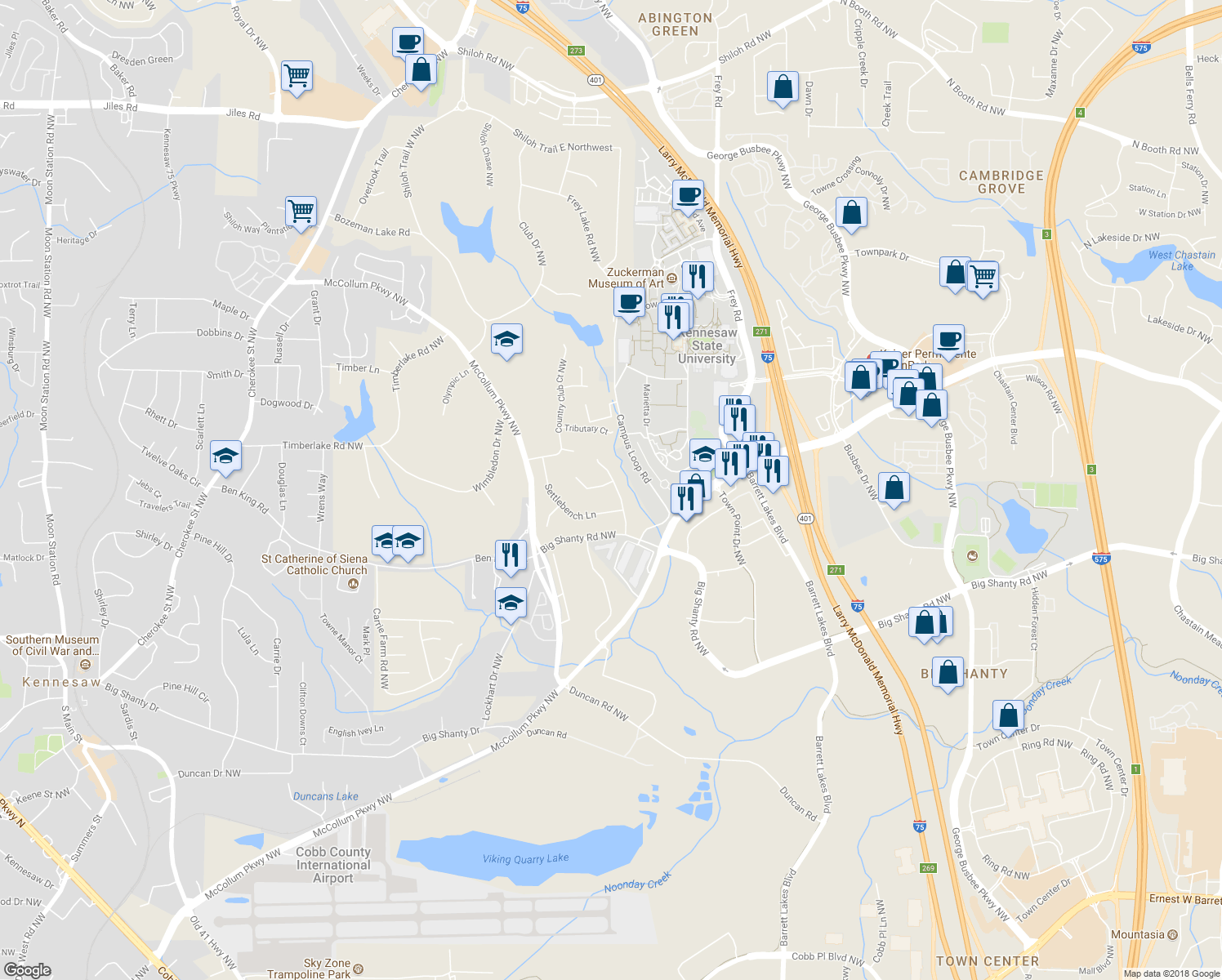 map of restaurants, bars, coffee shops, grocery stores, and more near 1231 Tinderbox Lane in Kennesaw