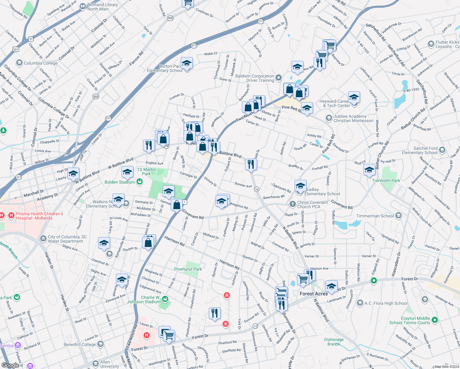 map of restaurants, bars, coffee shops, grocery stores, and more near 1425 Bonner Avenue in Columbia