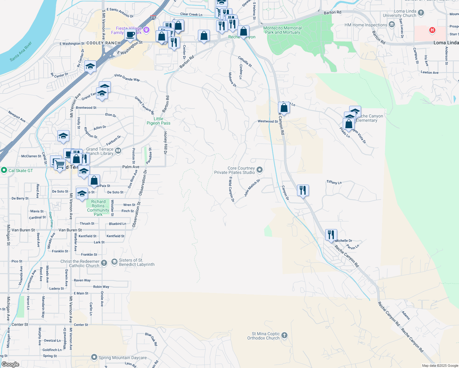 map of restaurants, bars, coffee shops, grocery stores, and more near 2149 South Wild Canyon Drive in Colton