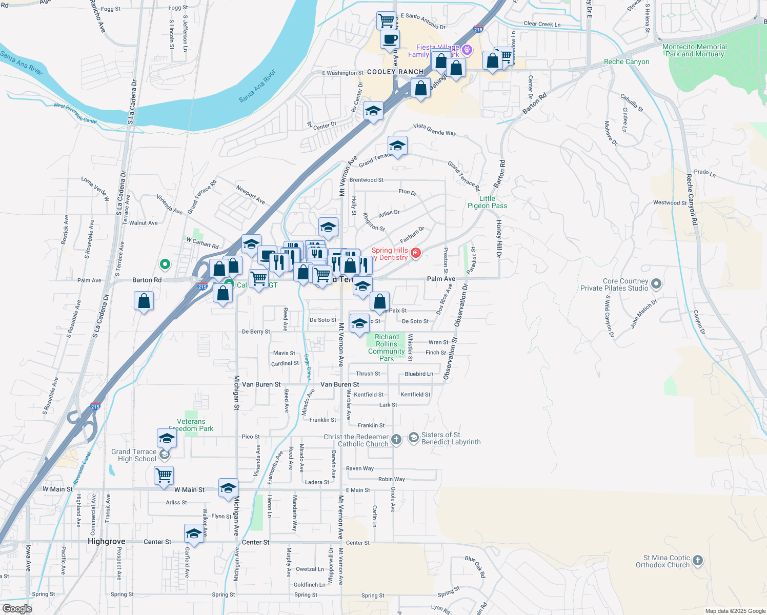 map of restaurants, bars, coffee shops, grocery stores, and more near 22658 La Paix Street in Grand Terrace
