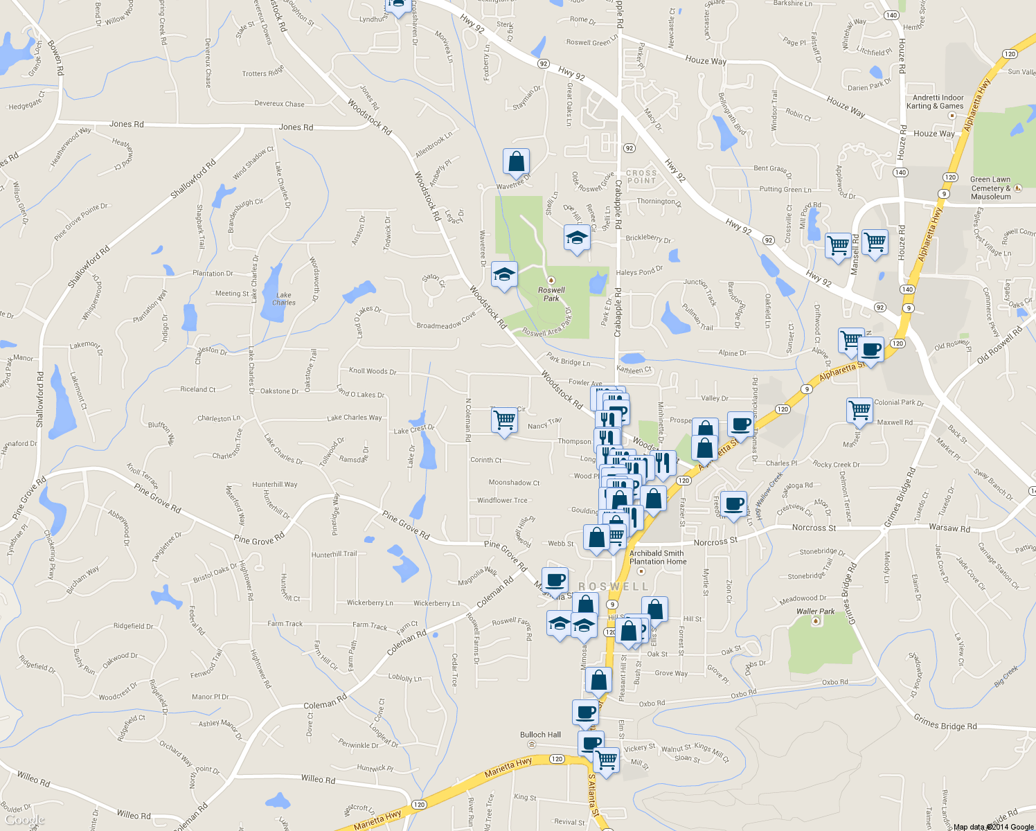 map of restaurants, bars, coffee shops, grocery stores, and more near 1219 Thomas Circle in Roswell