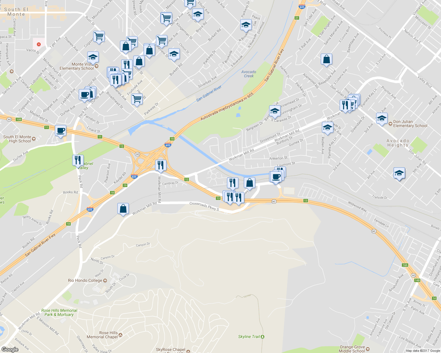 map of restaurants, bars, coffee shops, grocery stores, and more near 1841 Camino Del Rio in Whittier