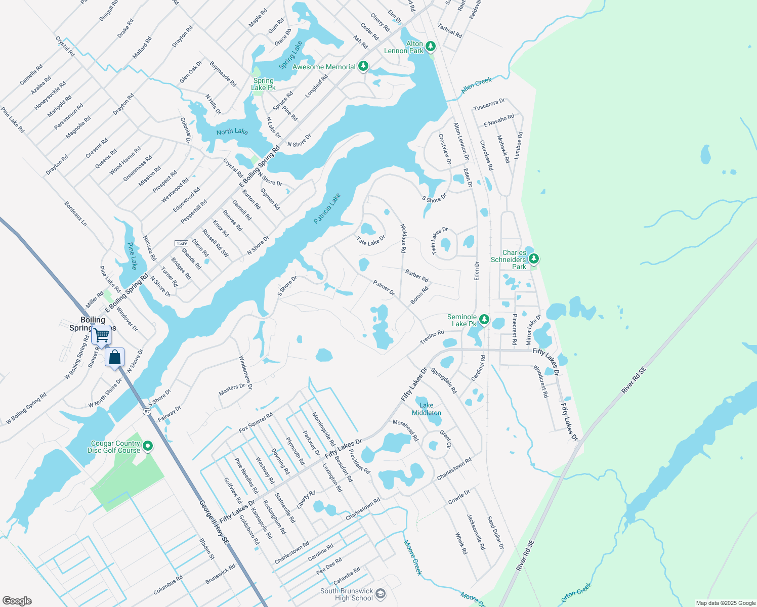 map of restaurants, bars, coffee shops, grocery stores, and more near 596 Littler Cir in Southport