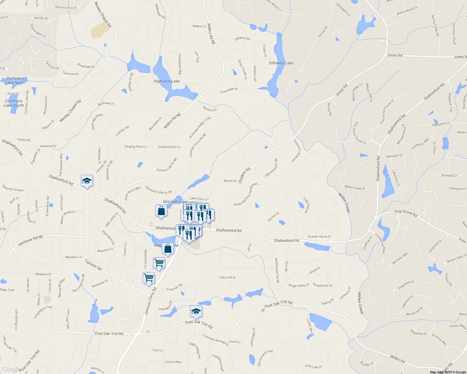 map of restaurants, bars, coffee shops, grocery stores, and more near 3393 Childers Rd in Roswell