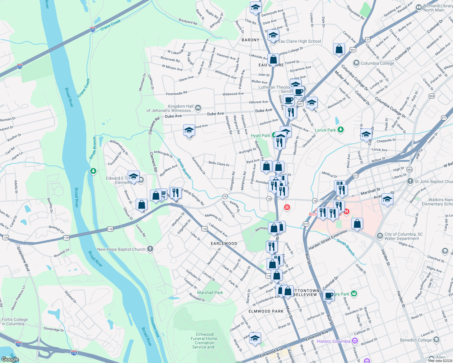 map of restaurants, bars, coffee shops, grocery stores, and more near 612 Avondale Drive in Columbia