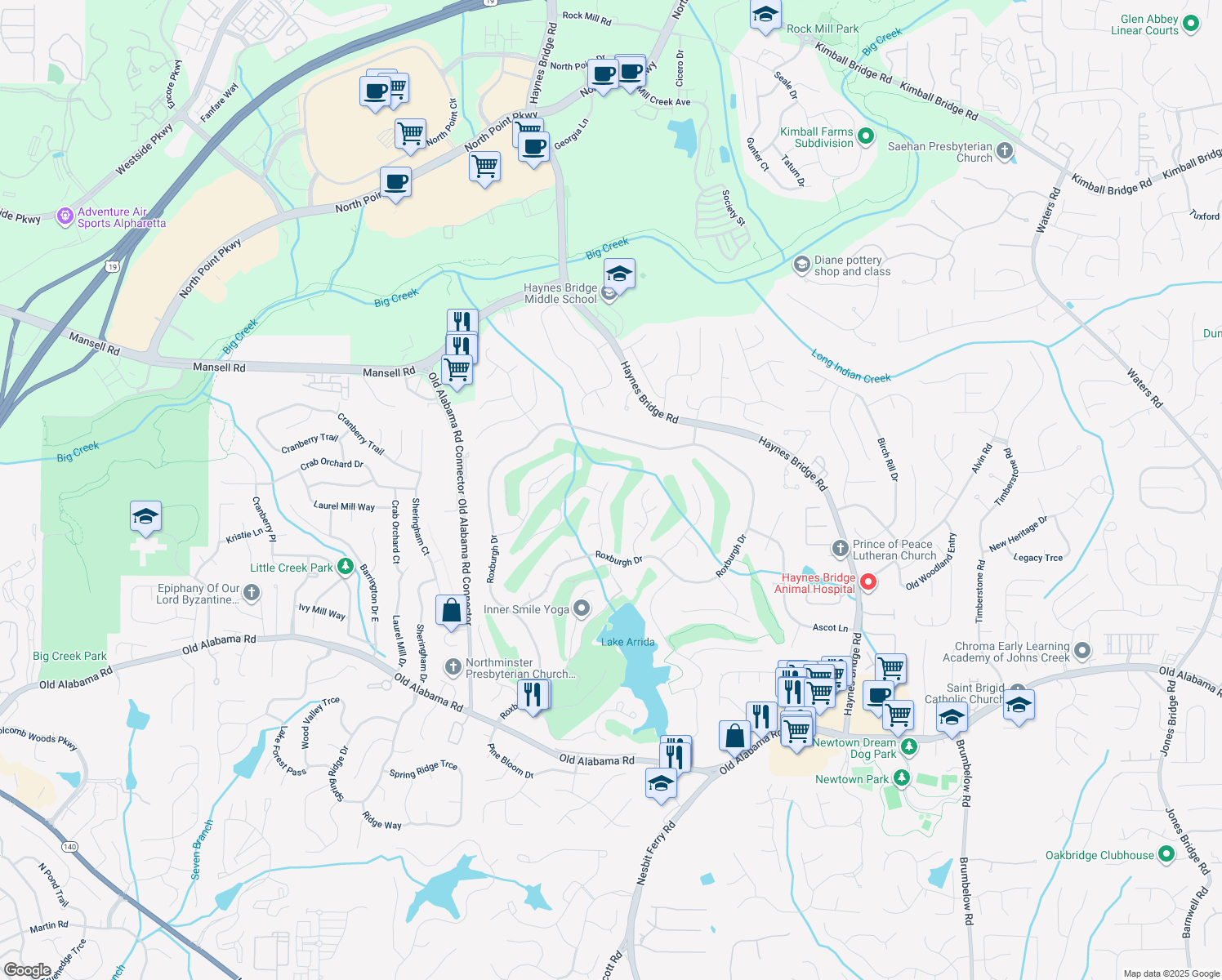 map of restaurants, bars, coffee shops, grocery stores, and more near 10305 Crescent Ridge Drive in Roswell