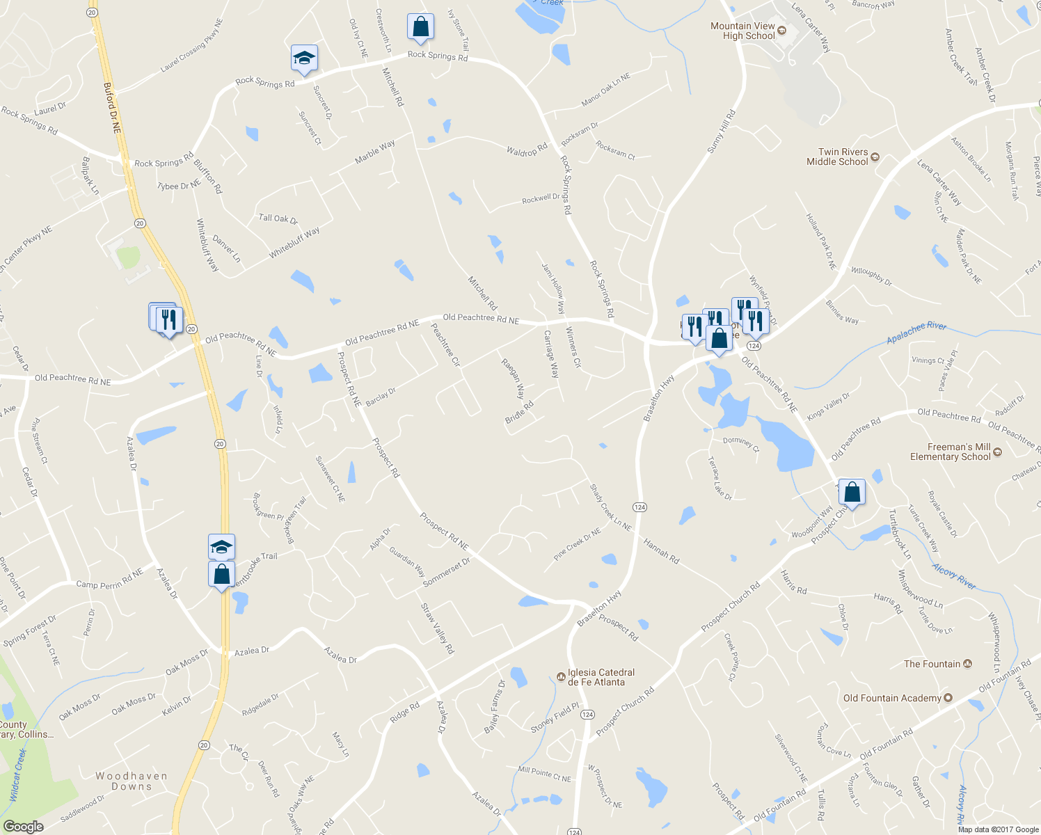 map of restaurants, bars, coffee shops, grocery stores, and more near 1911 Bridle Road in Lawrenceville