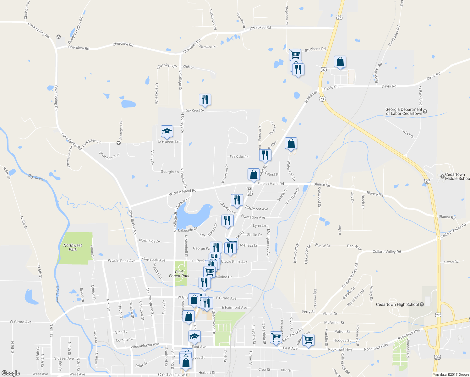 map of restaurants, bars, coffee shops, grocery stores, and more near 236 John Phillips Road in Cedartown