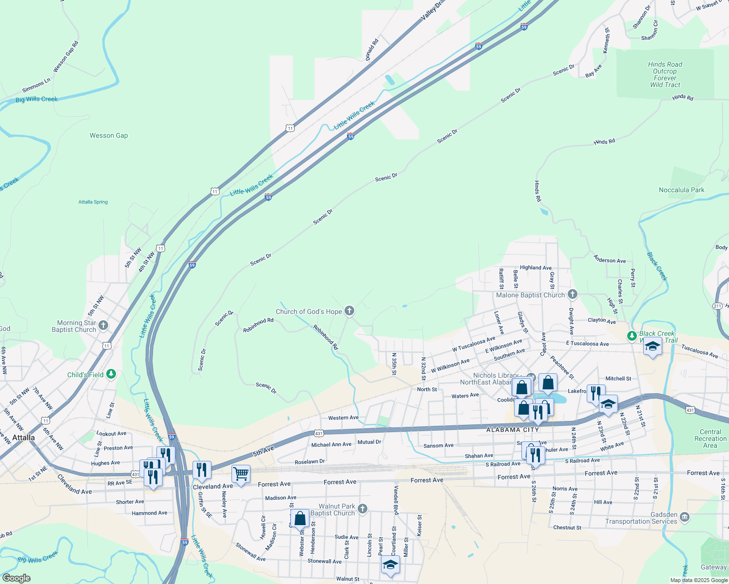 map of restaurants, bars, coffee shops, grocery stores, and more near 1107 Barron Avenue in Gadsden