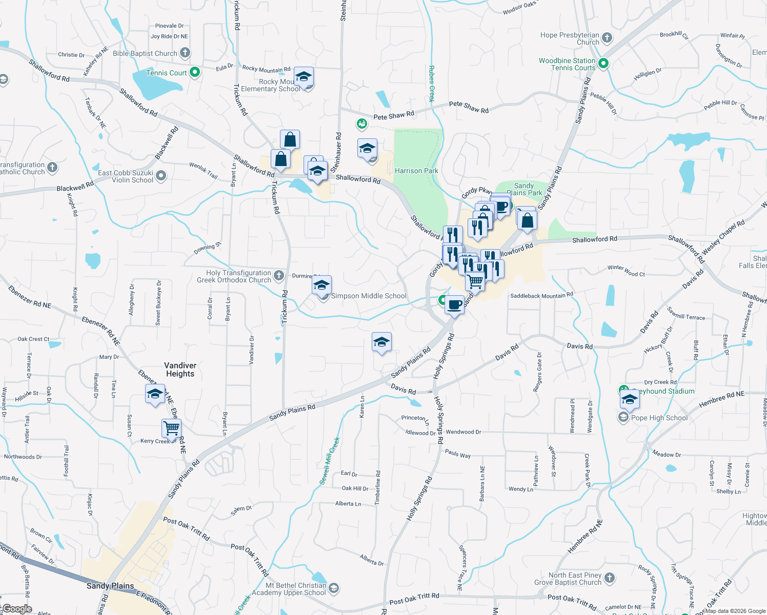 map of restaurants, bars, coffee shops, grocery stores, and more near 2780 Carillon Crossing in Marietta
